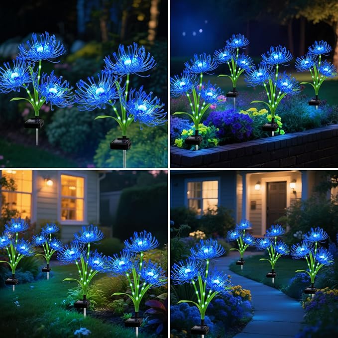 Solar Garden Flower Lights Outdoor,8 Pack 24-Head Blue Spider Lily Waterproof with Glowing Stems,Elegant Yard,Patio & Law Decor,Ideal Halloween & Gardening Gifts for Women,Mothers & Grandma