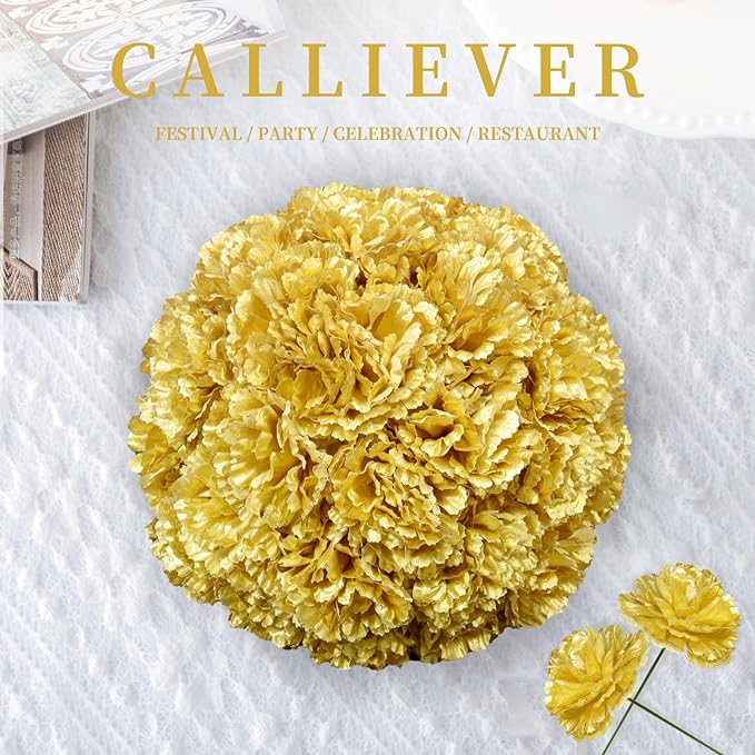 Silk Carnation Flower, 50 Artificial Flowers, Used for Wedding Decoration DIY Handmade Flowers, Carnation Flower Diameter 3.5 Inches and 6 Inches Stem (Gold)