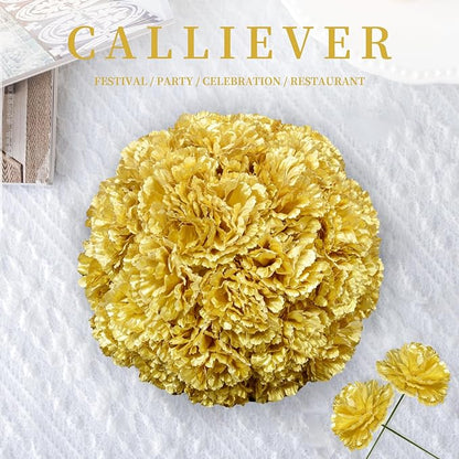Silk Carnation Flower, 50 Artificial Flowers, Used for Wedding Decoration DIY Handmade Flowers, Carnation Flower Diameter 3.5 Inches and 6 Inches Stem (Gold)