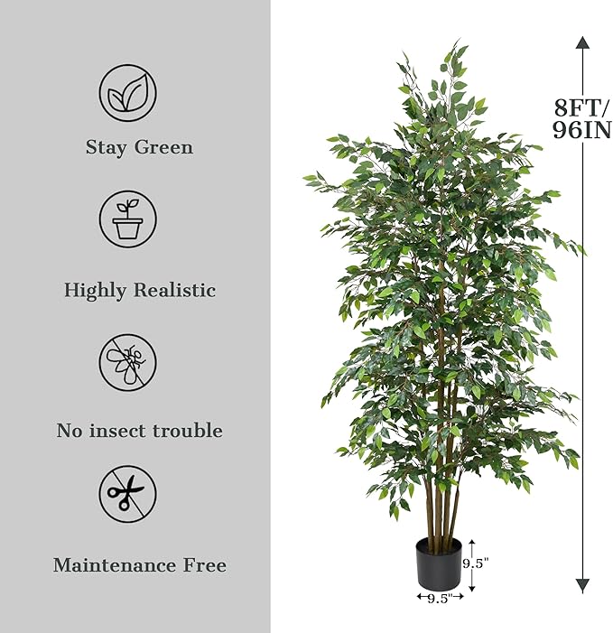 8FT Artificial Ficus Tree - Large Faux Plant Indoor Tree with Dense Leaves and Realistic Trunks,96" Tall Fake Tropical Plant Potted Artificial Floor Plant Trees for Home Living Room Porch Office Decor