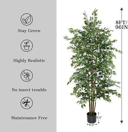 8FT Artificial Ficus Tree - Large Faux Plant Indoor Tree with Dense Leaves and Realistic Trunks,96" Tall Fake Tropical Plant Potted Artificial Floor Plant Trees for Home Living Room Porch Office Decor