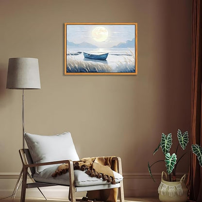 Floating Framed Coastal Bathroom Wall Art, Blue Beach Nautical Ocean Nature Canvas Picture, Blue Boat Moon Lake Mountain Sea Poster Print Painting, for Modern Home Bedroom Wall Decor 16x24 inch