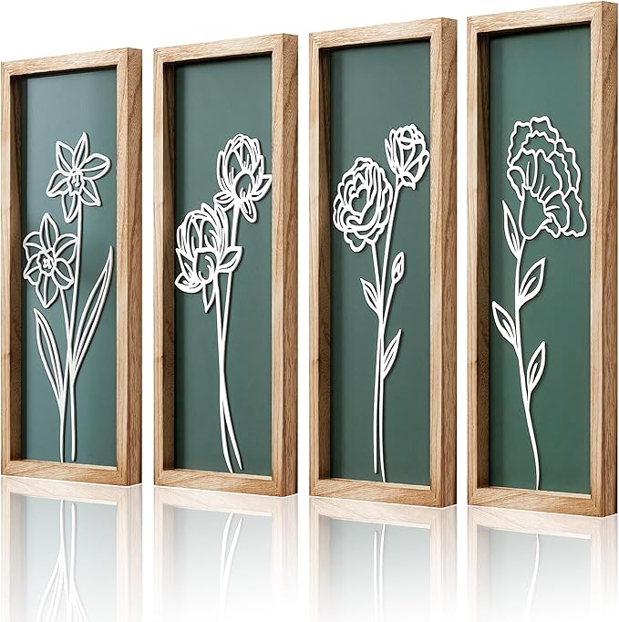 HKBS 3D Wooden Floral Wall Art, Set of 4 Framed Flowers Wall Art Sculptures, Boho Farmhouse Minimalist Decor for Bathroom Bedroom Living Room Kitchen or Office Wall Decorations Housewarming Gifts (Green)