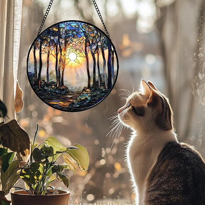 Stained Glass Window Hanging, Forest Sunrise Smoke Blue Brown Tree Suncatcher for Doors Window Home Landscape Sun Catchers Decor Mother's Day Birthday Gifts for Women, Men Mom 11.8 in