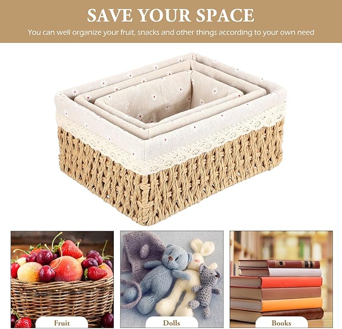 3pcs Woven Rattan Storage Basket for Desktop Organization Break-resistant Containers with Chic Beige Design for Home and Office Sundries Storage