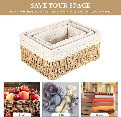 3pcs Woven Rattan Storage Basket for Desktop Organization Break-resistant Containers with Chic Beige Design for Home and Office Sundries Storage