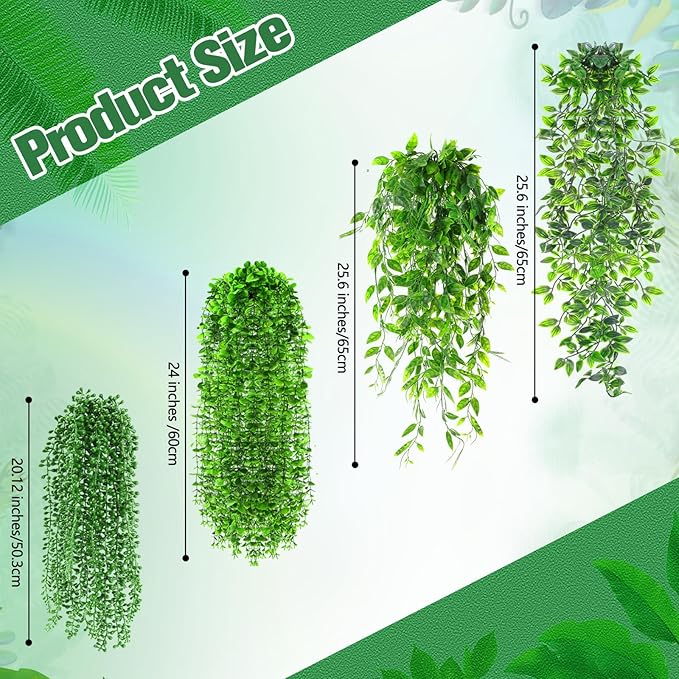 12 Pcs Artificial Hanging Plants Fake Hanging Ferns Plastic Faux Plants for Wall Room Garden Garland Indoor Outdoor Decor No Basket (Eucalyptus,Mandala,String of Pearls,Pea)