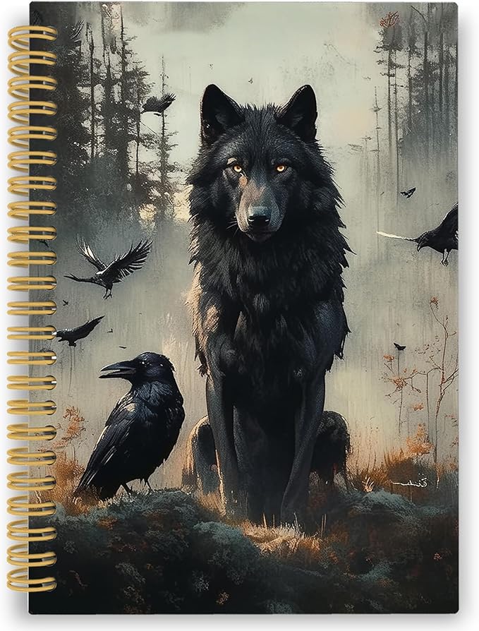 XPH Gothic Wolf Raven Spiral Notebook, Wolf Gifts, Crow Gifts Journaling Notebooks for Women, Dark Moody Wild Animal Hardcover Journals for Writing 160 Pages 5.5 x 8.3 Inch, Gothic Office Supplies