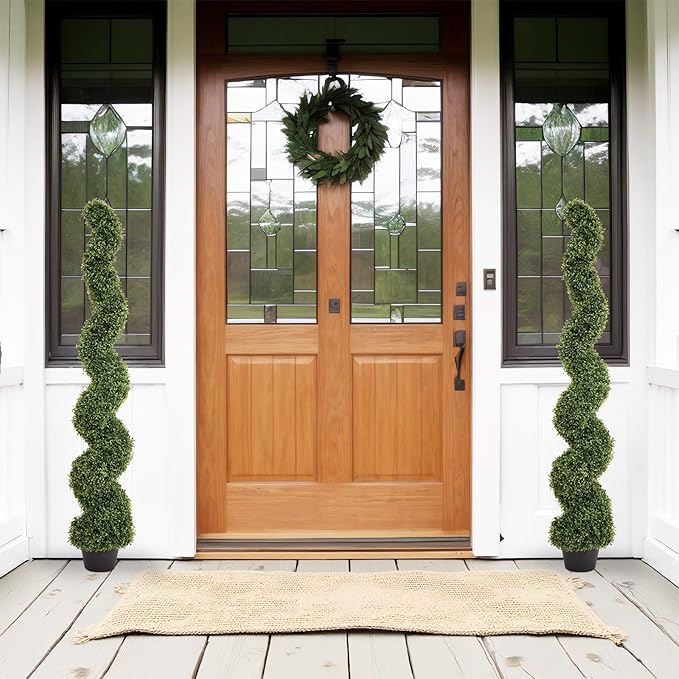 THE BLOOM TIMES 5ft Spiral Topiary Trees Artificial Outdoor Set of 2, Faux Boxwood Plants Outside - All-Year Green Fake Twisted Tree for Garden Front Porch Planter Decor 5 Foot