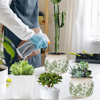 4.7" Small Ceramic Plant Pot Beige Green Vintage Floral Crackle Glaze Rustic Flowers Pot Decorative Planter with Drainage for Indoor Outdoor Plants Home Kitchen Office Decor Gift
