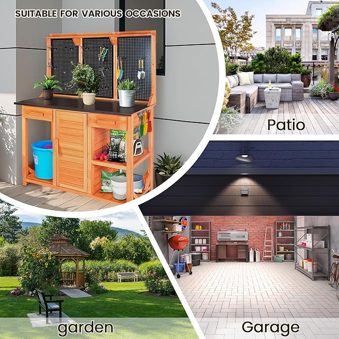 Outdoor Garden Potting Bench, Horticultural Wooden Workstation Table with Storage Drawer, Cabinet, Metal Pegboard, Adjustable Hooks and Shelves for Backyard, Patio, Greenhouse