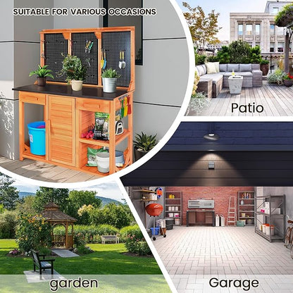 Outdoor Garden Potting Bench, Horticultural Wooden Workstation Table with Storage Drawer, Cabinet, Metal Pegboard, Adjustable Hooks and Shelves for Backyard, Patio, Greenhouse