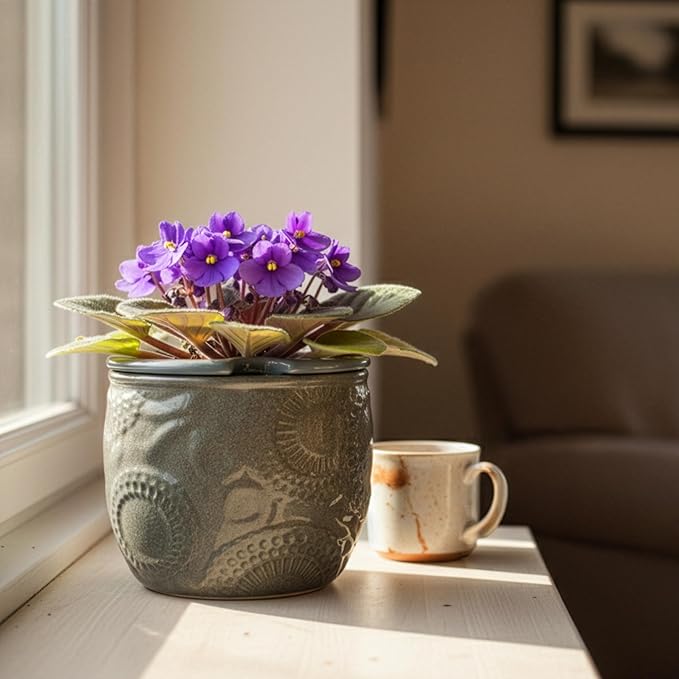6.5” Ceramic Self Watering African Violet Planter with Embossed Floral Design – Durable Indoor Plant Pot for Orchids, Succulents, and Houseplants