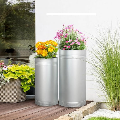 Worth Garden Galvanized Steel Planter 2-Pack - Large:28"x14.5" & Small:24"x12" - Tall Metal Plant Pots - Large Handcrafted Decoration Flower Pot for Indoor Outdoor, Deck, Patio, Front Porch - Silver