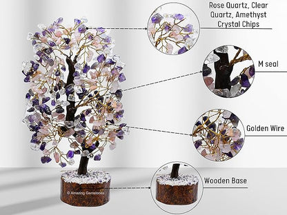 Large Amethyst Rose Quartz Clear Quartz Natural Healing Premium Crystal Bonsai Feng Shui Fortune Money Tree of Life for Home Office Decor Gift Box Ready