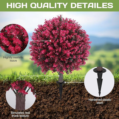 Artificial Red Eucalyptus Topiary Ball Tree 24" with Ground Spike, Set of 2 Artificial Boxwood Bushes for Faux Shrubs, Fake Evergreen Faux Plant for Indoor Outdoor Garden -UV Resistant–Fade-Proof