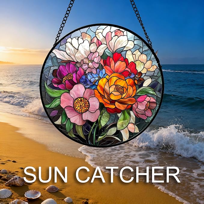 Stained Glass Window Hanging Flowers and Wildflowers 9.8" - Suncatcher Door Garden Sun Catcher Home Decor Birthday Thanksgiving Christmas for Mom Woman Nana Friend