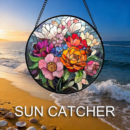Stained Glass Window Hanging Flowers and Wildflowers 9.8" - Suncatcher Door Garden Sun Catcher Home Decor Birthday Thanksgiving Christmas for Mom Woman Nana Friend