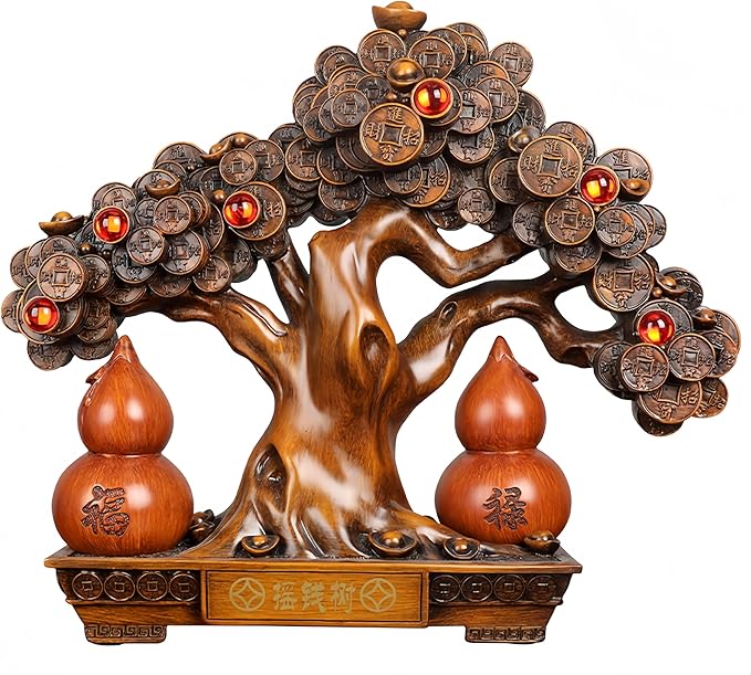 FENGSHUI-CAISHEN Top Resin Money Tree, Artificial Bonsai Tree, Handcrafted, Premium Quality, Feng Shui Gift for Abundance Luck and Success (Brown)