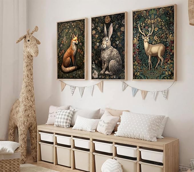 3Pcs Forest Animal Wall Art Fox Rabbit Deer Painting Pictures Wall Decor Wildlife Animal Posters Prints Dark Gothic Botanical Floral Artwork for Office Bedroom Home Decoration 16x24in