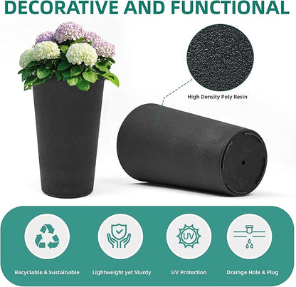 24" Tall Planters Set of 2, High-Density Resin Charcoal Outdoor Pots for Plants, Versatile Indoor/Outdoor Flower Pots w/Drainage Hole for Patio, Garden, Porch & Living Room Decor, Ideal Gift