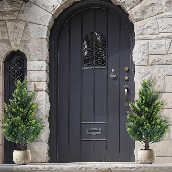 3FT Tall Artificial Cedar Topiary Trees Set of 2, Artificial UV Resistant Potted Plants, Faux Bushes Fake Shrubs for Outdoor Indoor Home Entryway Front Porch Garden Patio Offices Living Room Decor