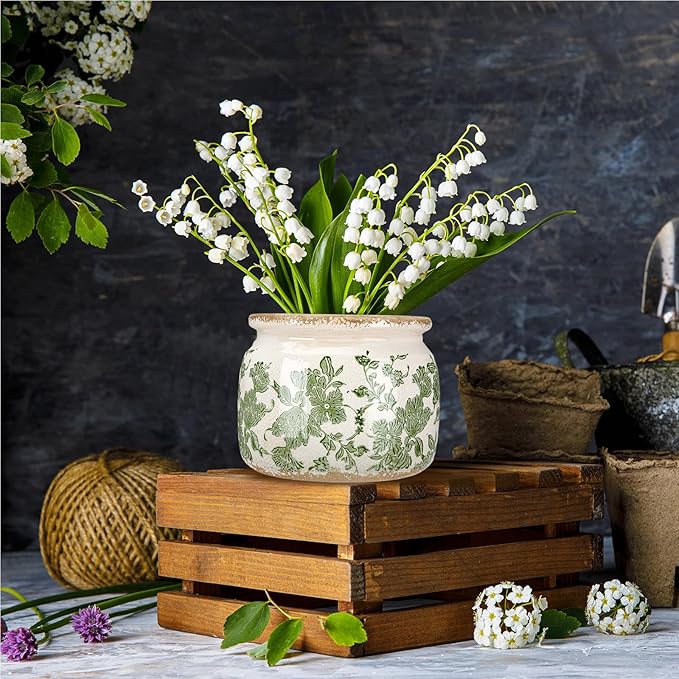 7.7" Large Ceramic Plant Pot Beige Green Vintage Floral Crackle Glaze Rustic Flowers Pot Decorative Planter with Drainage for Indoor Outdoor Plants Home Kitchen Office Decor Gift