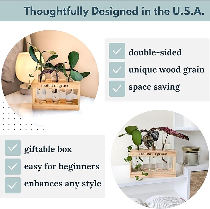 Rooted in Grace: Plant Propagation Stations: Plant Cutting Holder w/ 3 Glass Propagating Vases, Unique & Encouraging Christian Gifts for Women, Faith-Inspired Home Decor