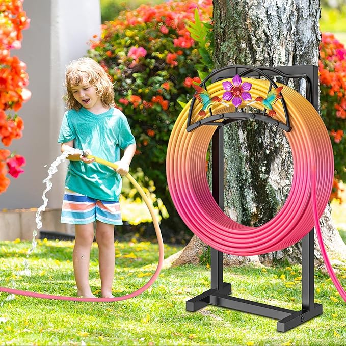 Garden Hose Holder, Heavy Duty Metal Water Hose Holders Stand with 4 Spikes, Freestanding Outdoor Water Pipe Storage Rack Hanger 150ft for Outside Yard Lawn Decor