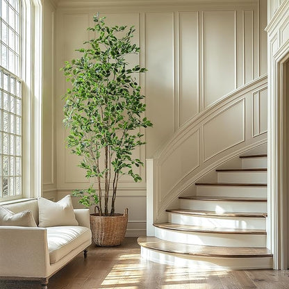 Artificial Ficus Tree Indoor 8ft, Large Potted Faux Tree with Realistic Silk Leaves & Trunk for Home Office, Living Room Corner Decor