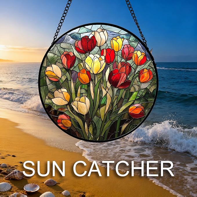 Stained Glass Window Hanging Wildflowers Tulips Large 15" - Flowers Suncatcher Door Garden Sun Catcher Home Decor Birthday Christmas for Mom Men Woman Friends Nana Wife