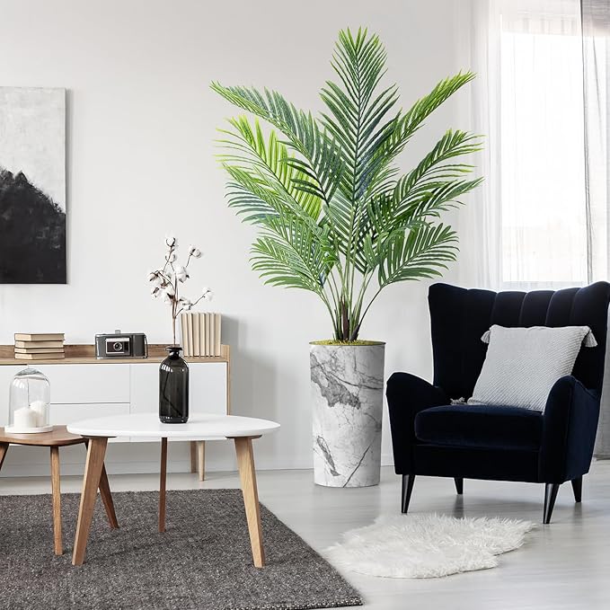 Artificial Tree in Gray Marble Effect Planter, Fake Areca Tropical Palm Silk Tree for Indoor and Outdoor Home Decoration - 66" Overall Tall (Plant Pot Plus Tree)