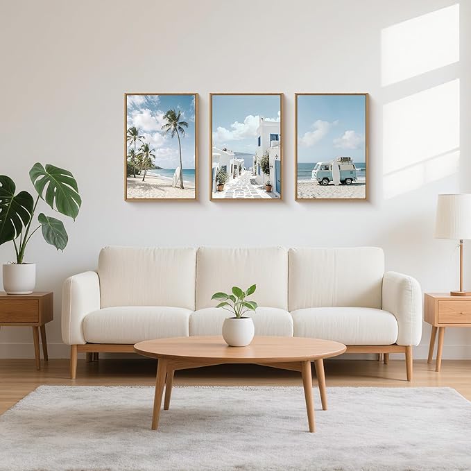 Large Summer Coastal Framed Canvas Wall Art Set,Modern Beach Surfboard Wall Decor,Seaside Palm Tree Art Prints,Vintage Blue Van Artwork for Living Room,Bedroom,Office -24"x36"x3
