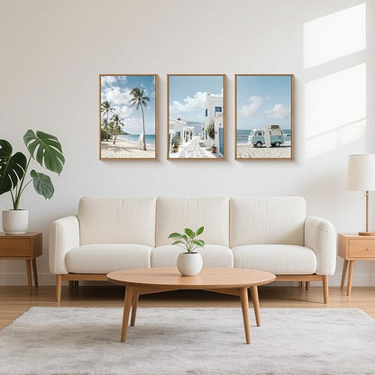 Large Summer Coastal Framed Canvas Wall Art Set,Modern Beach Surfboard Wall Decor,Seaside Palm Tree Art Prints,Vintage Blue Van Artwork for Living Room,Bedroom,Office -24"x36"x3