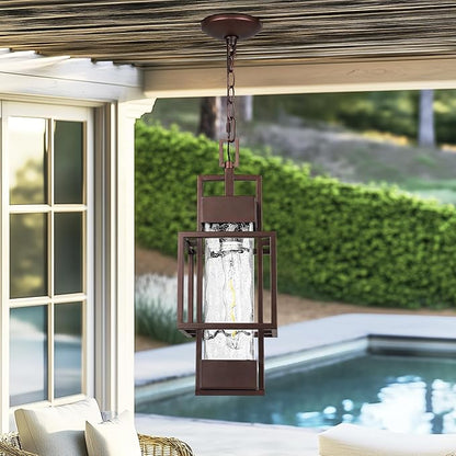 15" Outdoor Indoor Pendant Light Exterior Hanging Lantern, Modern Metal Outside Chandelier Light Fixture Ceiling Mount with Water Glass for Front Porch Entrance Foyer Entryway, Oil Rubbed Bronze