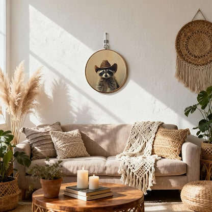 DEQSX Vintage Raccoon Round Wall Art, Raccoon Gifts for Women, Rustic Western Cowboy Wild Animals Wall Decor Canvas Prints Posters for Home Bedroom Living Room, 10x10 Inches