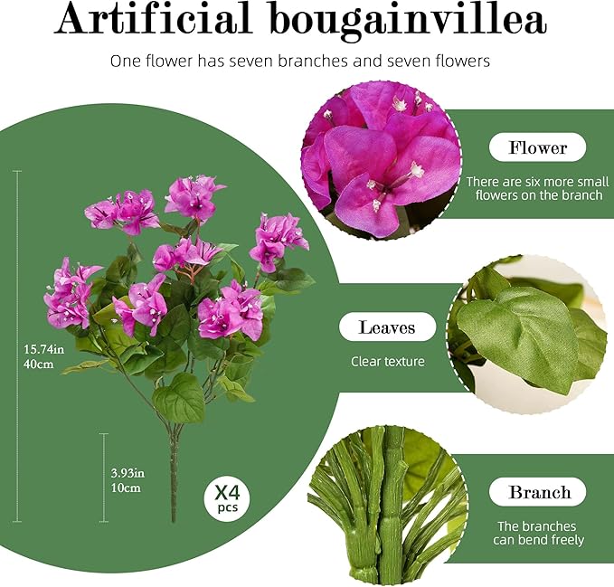 4 Pcs Artificial Flowers Bougainvillea Outdoor Artificial Plants Faux Flowers with Stems Silk Flowers for Wedding Porch Living Garden Decor Without Vase (4PCS,Light Purple)
