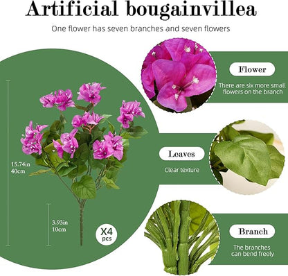 4 Pcs Artificial Flowers Bougainvillea Outdoor Artificial Plants Faux Flowers with Stems Silk Flowers for Wedding Porch Living Garden Decor Without Vase (4PCS,Light Purple)