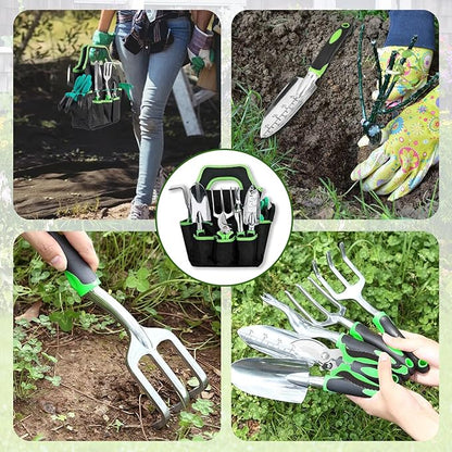 Heavy Duty Gardening Set, Featuring 9 Piece Durable Tools with Comfortable Non Slip Ergonomic Rubber Grips and A Large Tool Bag Perfect as A Family Gardening Helper
