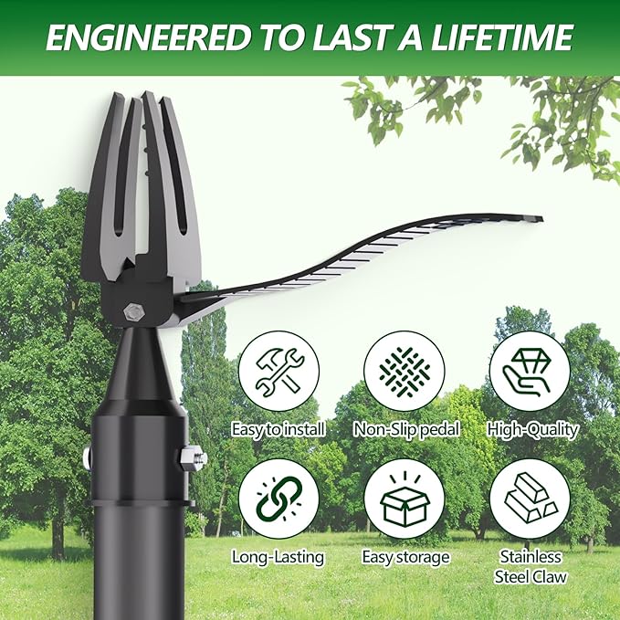 Weed Puller Tool, 2-in-1 Stand Up Heavy Duty Root Removal Tool with 4 Claw Head & Rake, Effortless Root Puller for Dandelion & Weeds, No Bending or Kneeling, Garden Tool for Lawn & Yard Care
