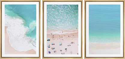 Ashbrook Framed Wall Art Print Set Aerial View Nautical Beach Ocean Wave View Nature Wilderness Photography Modern Art Scenic Colorful Chic for Living Room, Bedroom, Office - 24"x36"x3 Natural