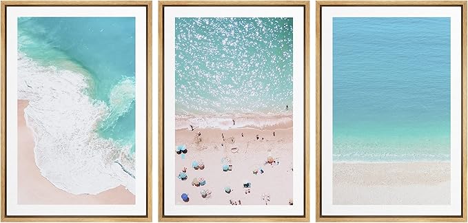 Ashbrook Framed Wall Art Print Set Aerial View Nautical Beach Ocean Wave View Nature Wilderness Photography Modern Art Scenic Colorful Chic for Living Room, Bedroom, Office - 16"x24"x3 Natural