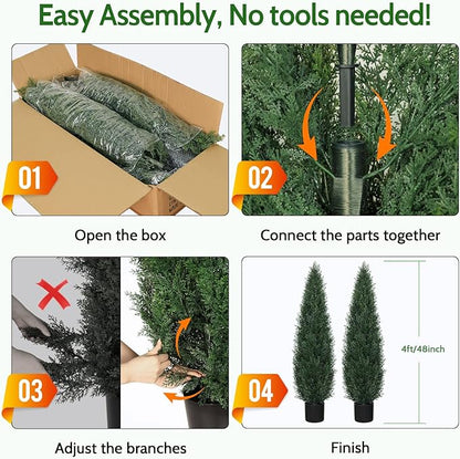 Artificial Cedar Topiary Trees for Outdoors, 4FT UV Resistant Faux Potted Cypress Plants, Set of 2 Realistic Fake Potted Topiary Plants for Home Porch, Garden, and Entryway Decor