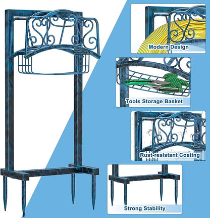 Garden Hose Holder for Outside - Upgraded Water Hose Holder Holds with Storage Basket, Heavy Duty Metal Freestanding Garden Hose Storage Reel Rack for Outdoor Yard Lawn (Blue)