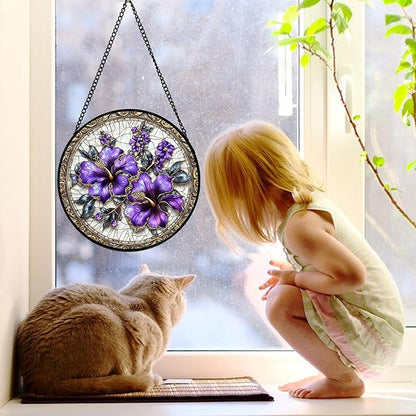 Stained Glass Window Hanging, Purple Flowers Romantic Suncatcher for Doors Home Sun Catchers Decoration and Christmas, Mother's Day Birthday Gifts for Women, Men, and Mom 11.8x11.8 in