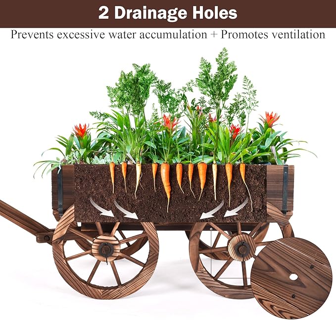 S AFSTAR Wooden Wagon, Wood Flower Planter Pot Stand with 4 Wheels & Drainage Holes, Amish Wagon Planter, Rolling Pot Stand Wood Wagon for Outdoor Plants Garden Decorative Garden Planter, Brown