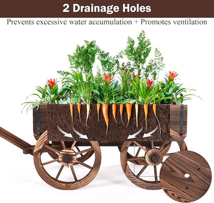 S AFSTAR Wooden Wagon, Wood Flower Planter Pot Stand with 4 Wheels & Drainage Holes, Amish Wagon Planter, Rolling Pot Stand Wood Wagon for Outdoor Plants Garden Decorative Garden Planter, Brown