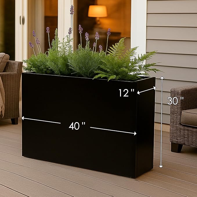 Kozyard 40”Lx12”Wx30”H Metal Planter Tall Rectangular Planter Durable All-Weather with Drainage Holes Removable Grow Liner Modern Décor for Indoor Outdoor Plants Flowers Shrubs