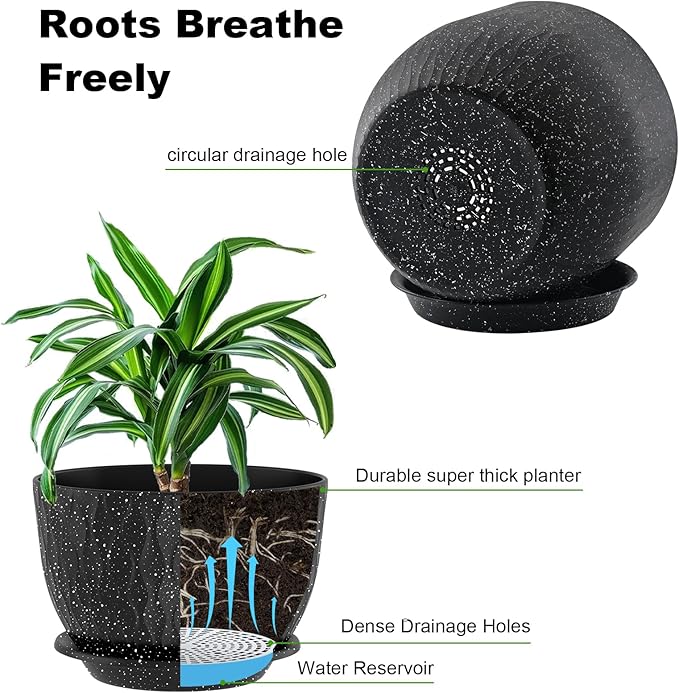12/10/9 Inch Planter Pots, 3-Pack Large Flower Pots for Indoor Outdoor Garden Plants, Big Plant Pots with Multi Mesh Drainage Holes and Saucer (Speckled Black, 12"+10"+9")