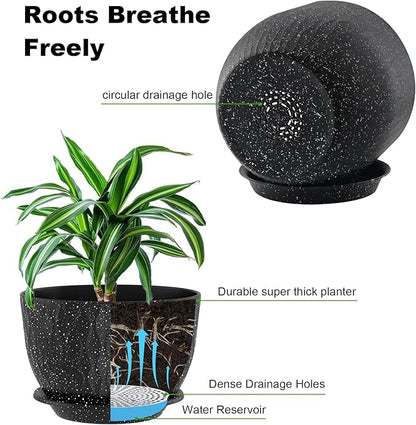 12/10/9 Inch Planter Pots, 3-Pack Large Flower Pots for Indoor Outdoor Garden Plants, Big Plant Pots with Multi Mesh Drainage Holes and Saucer (Speckled Black, 12"+10"+9")